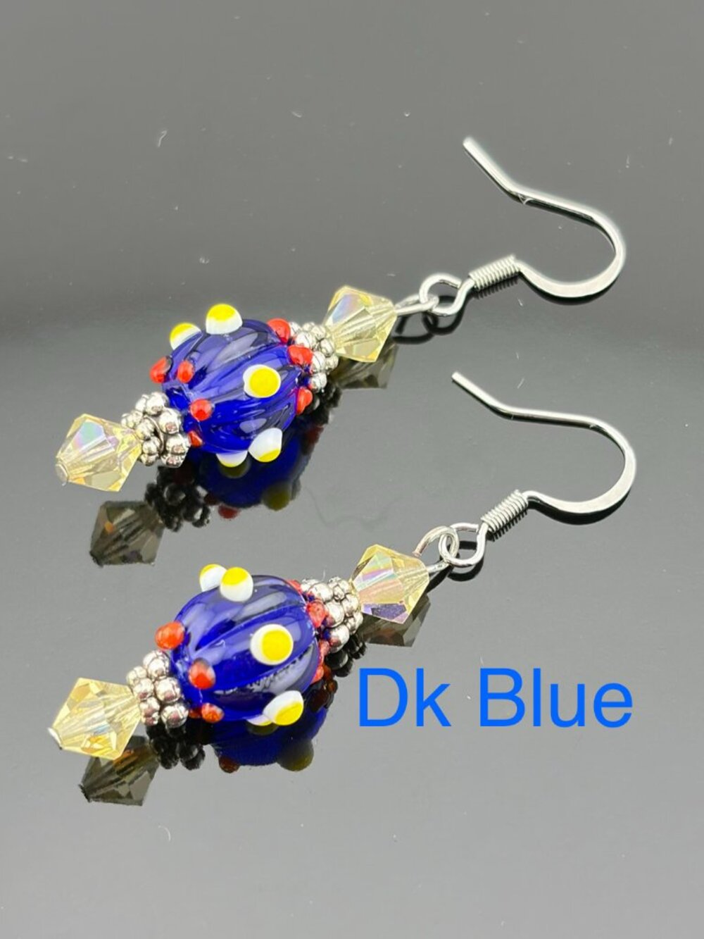 Colorful Dotted Lampwork Glass Bead Handmade Earrings DK BLUE LR241